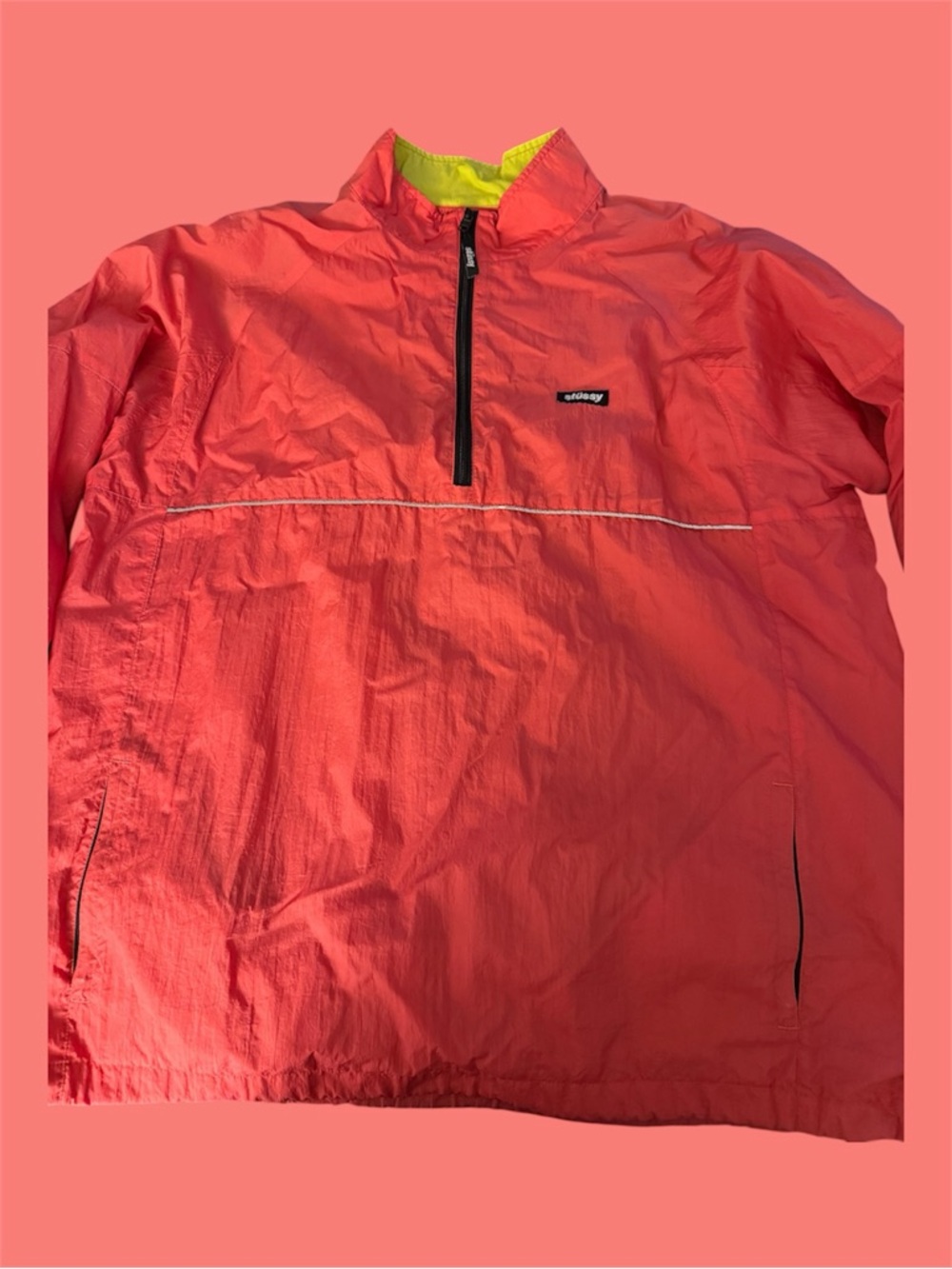 Stussy Coral Windbreaker Pullover with Neon Yellow Lining